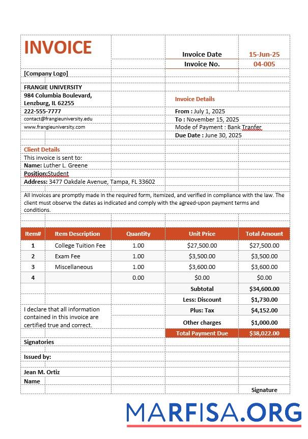 Printable College Tuition Invoice Template